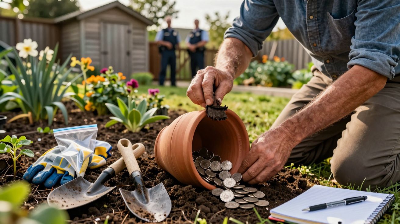 Persona recogiendo monedas de una maceta en un jardín, herramientas y cuaderno cerca, policías al fondo.