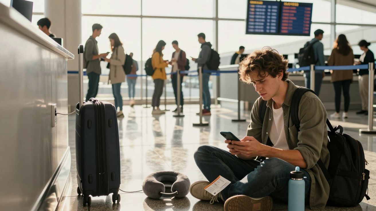 Joven sentado en el suelo del aeropuerto usando móvil, maleta y accesorios de viaje al lado. Gente en fila al fondo.