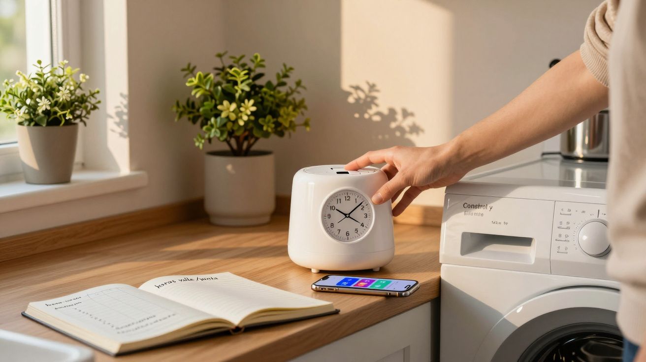 Mano ajustando un reloj sobre la encimera, junto a una libreta, un móvil y una lavadora.