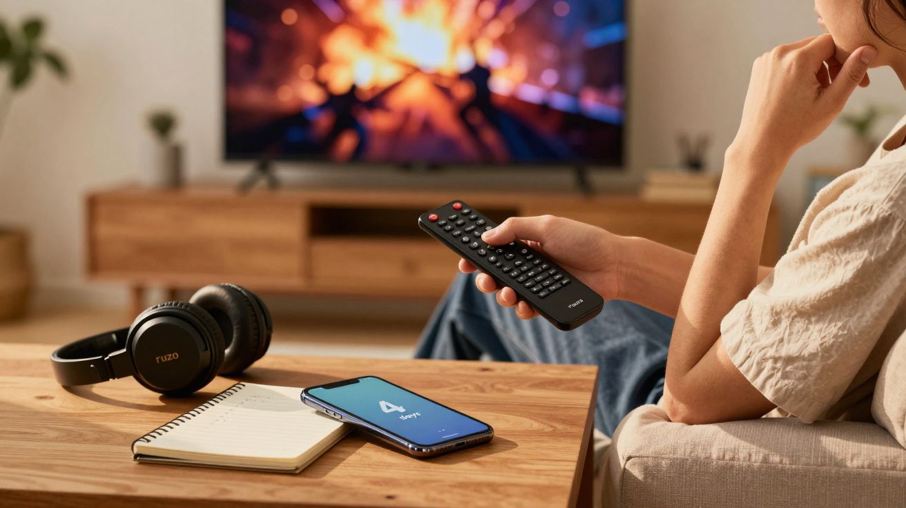 Persona viendo televisión con mando a distancia, teléfono y auriculares en una mesa frente a un sofá.