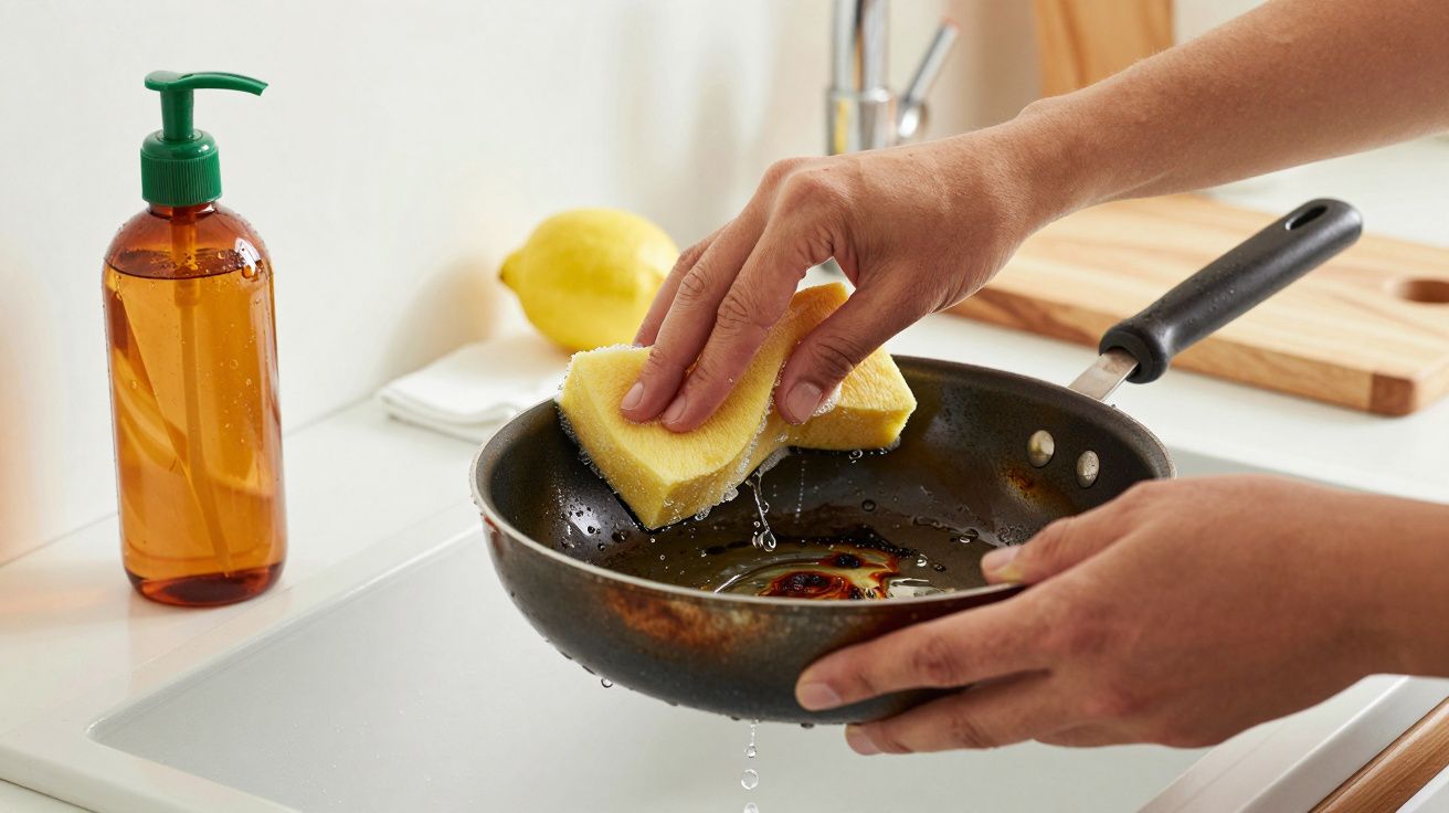Manos limpiando una sartén en el fregadero con esponja amarilla y jabón líquido.