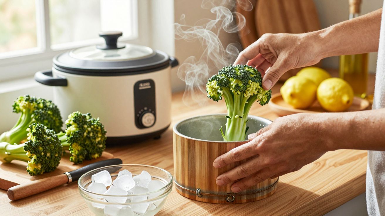 Persona cocinando brócoli al vapor en cocina, con arrozera y limones en la encimera.