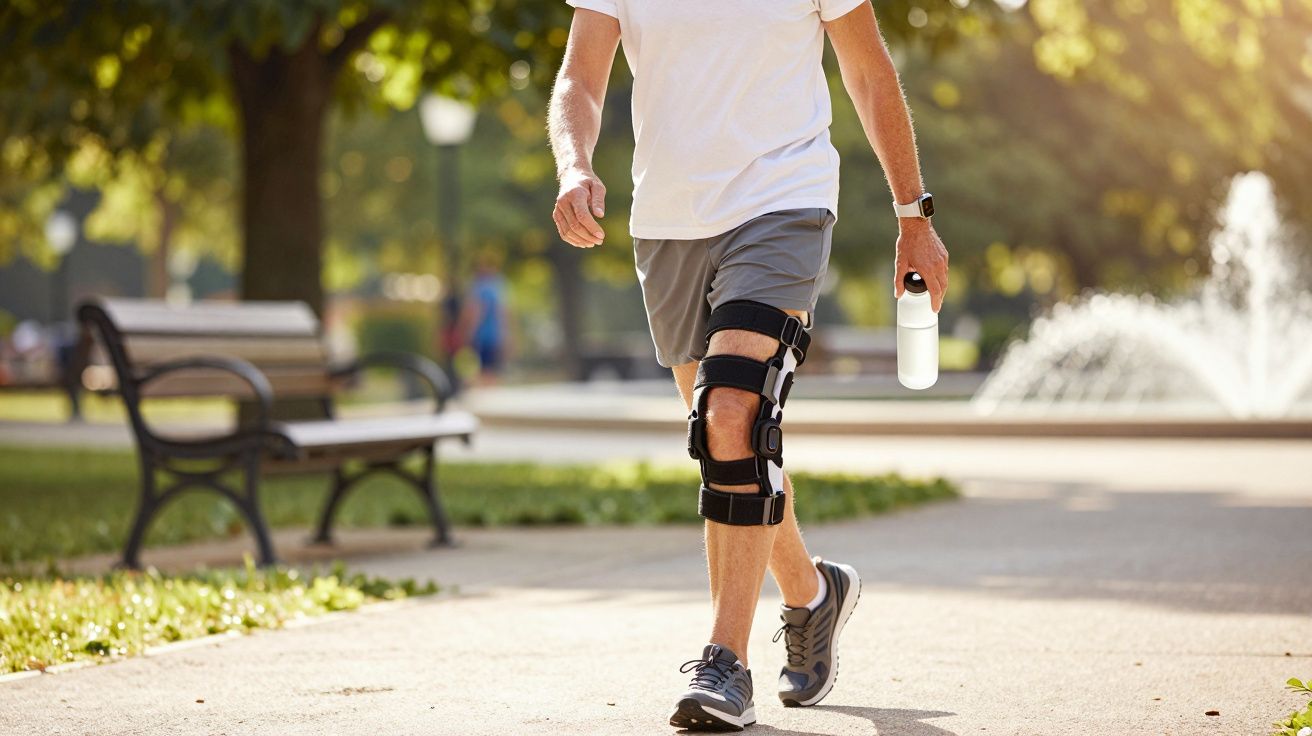 Hombre caminando por el parque con rodillera y botella de agua, fuente de fondo, día soleado.
