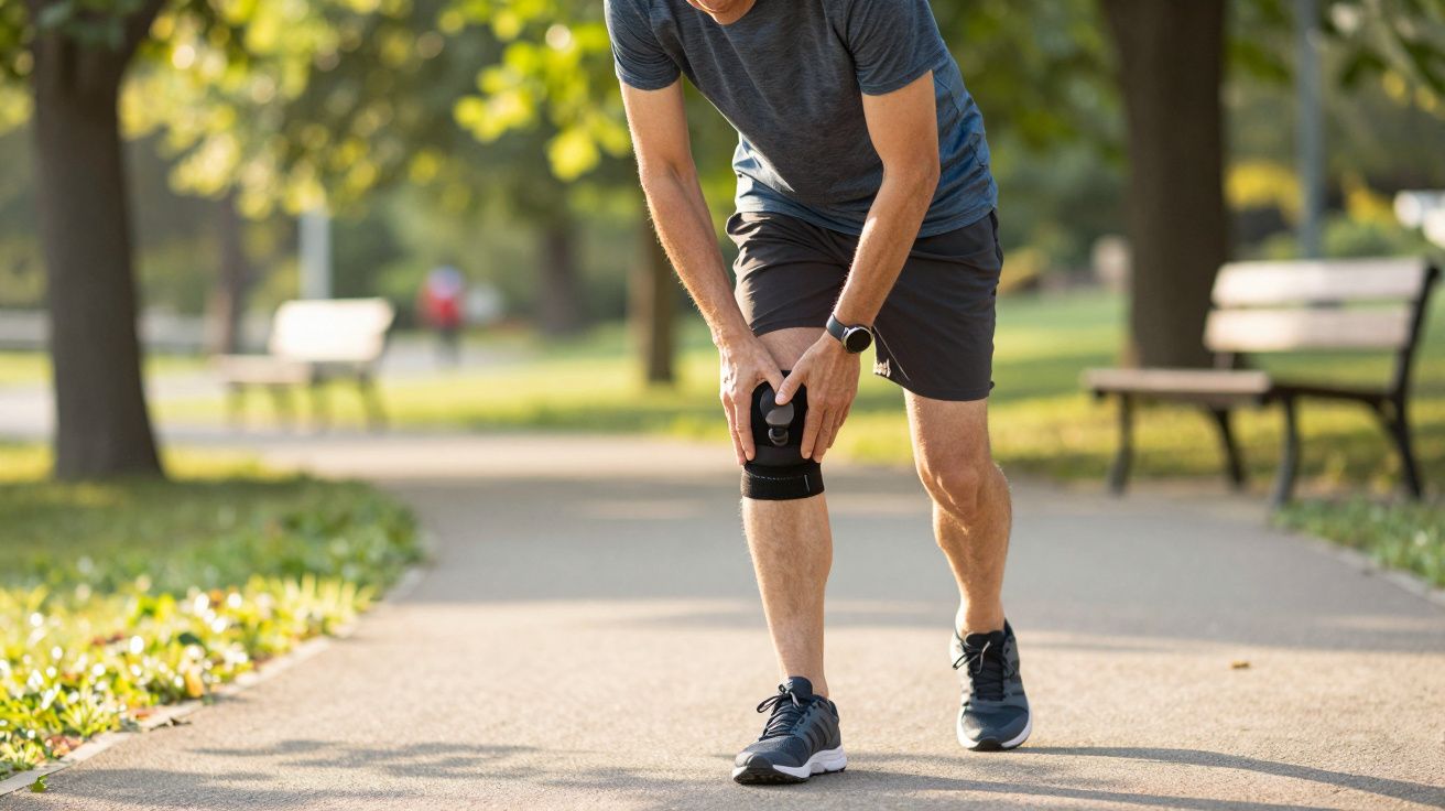 Hombre en el parque, vestido con ropa deportiva, se sostiene la rodilla con una rodillera, parece haber sentido dolor.