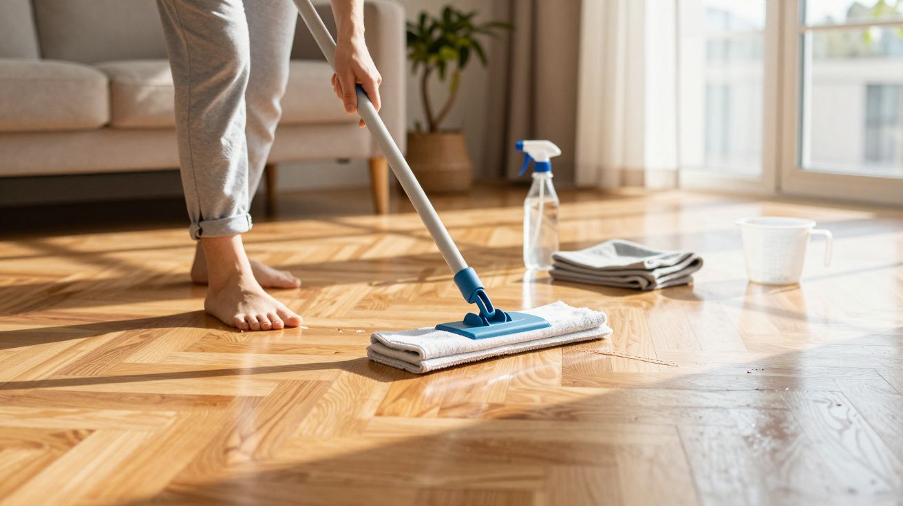Persona limpiando suelo de parquet con fregona y productos de limpieza en una sala iluminada por luz natural.
