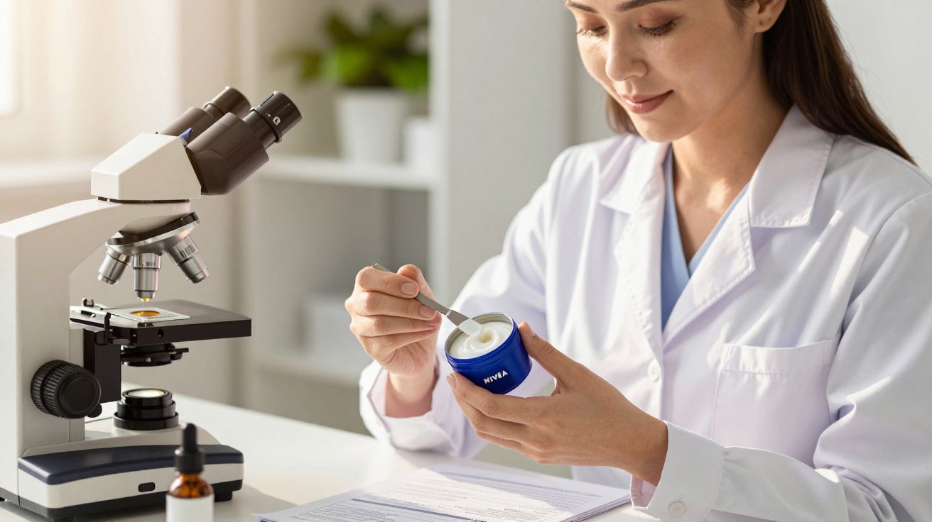 Científica analiza crema en laboratorio junto a un microscopio.