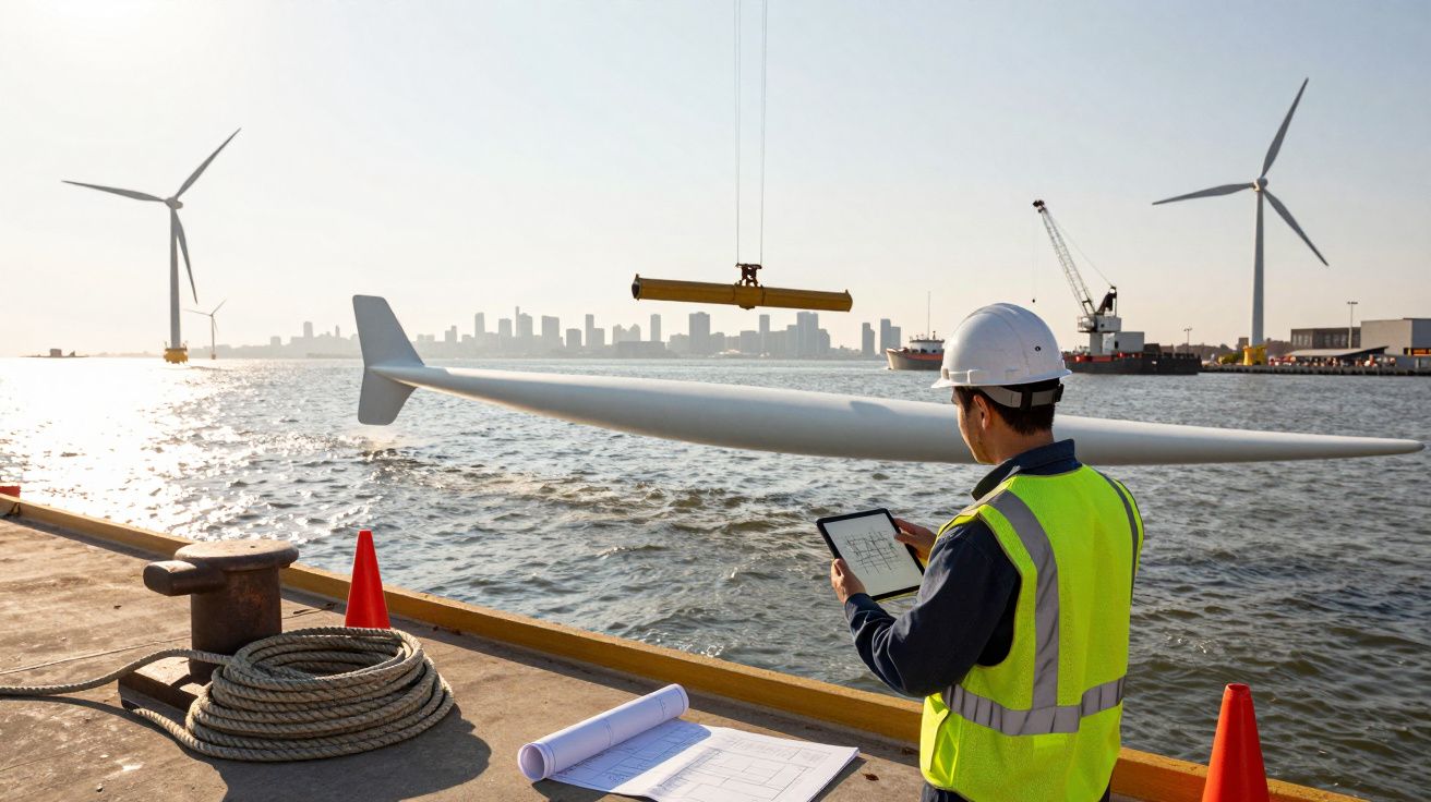 Trabajador con casco supervisa la instalación de aspas eólicas en un puerto, ciudad y molinos de viento al fondo.