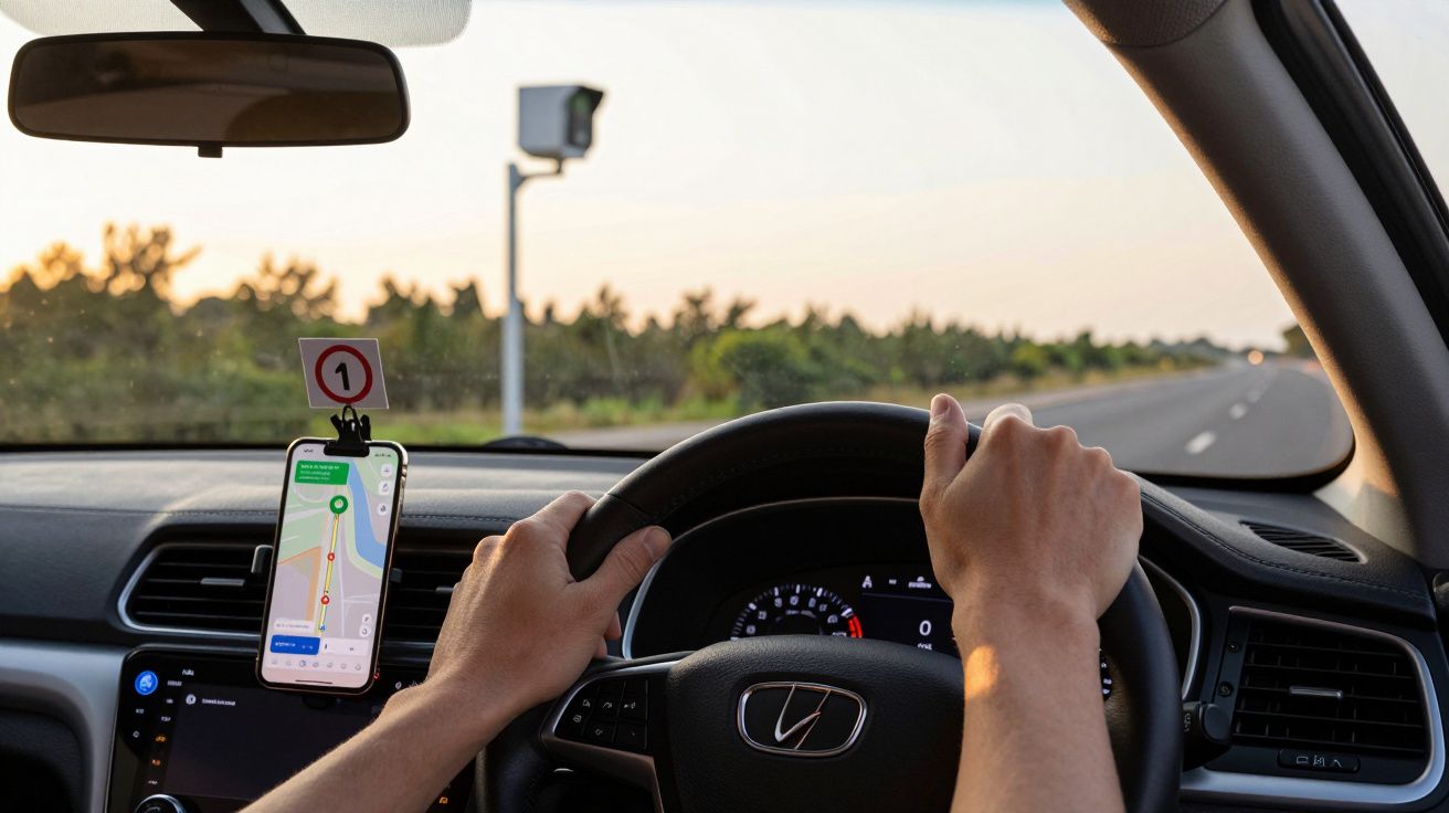 Conductor al volante en carretera, móvil con GPS en soporte, paisaje al atardecer.