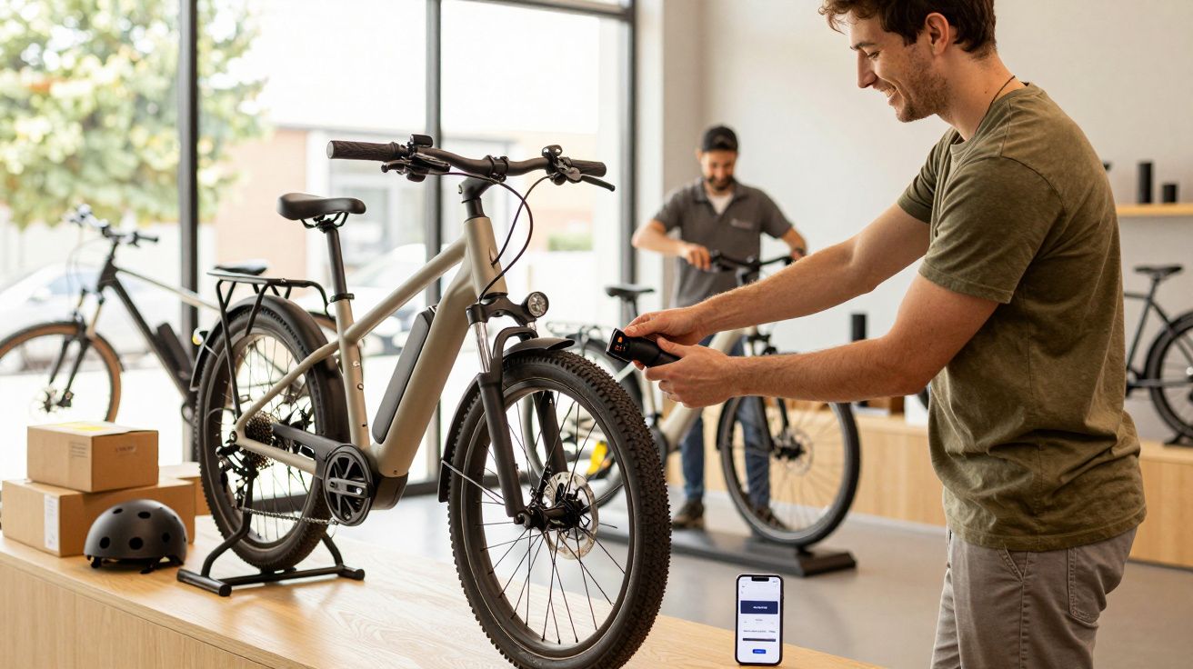 Hombre cargando bicicleta eléctrica en tienda, mientras otro ajusta una segunda bicicleta al fondo.