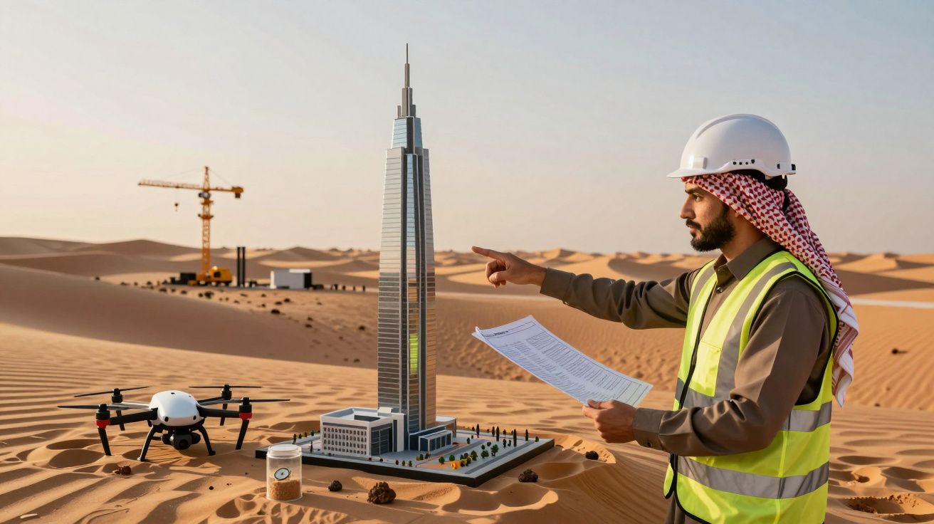Ingeniero con casco y documentos revisa maqueta de rascacielos en el desierto, junto a dron y grúa al fondo.
