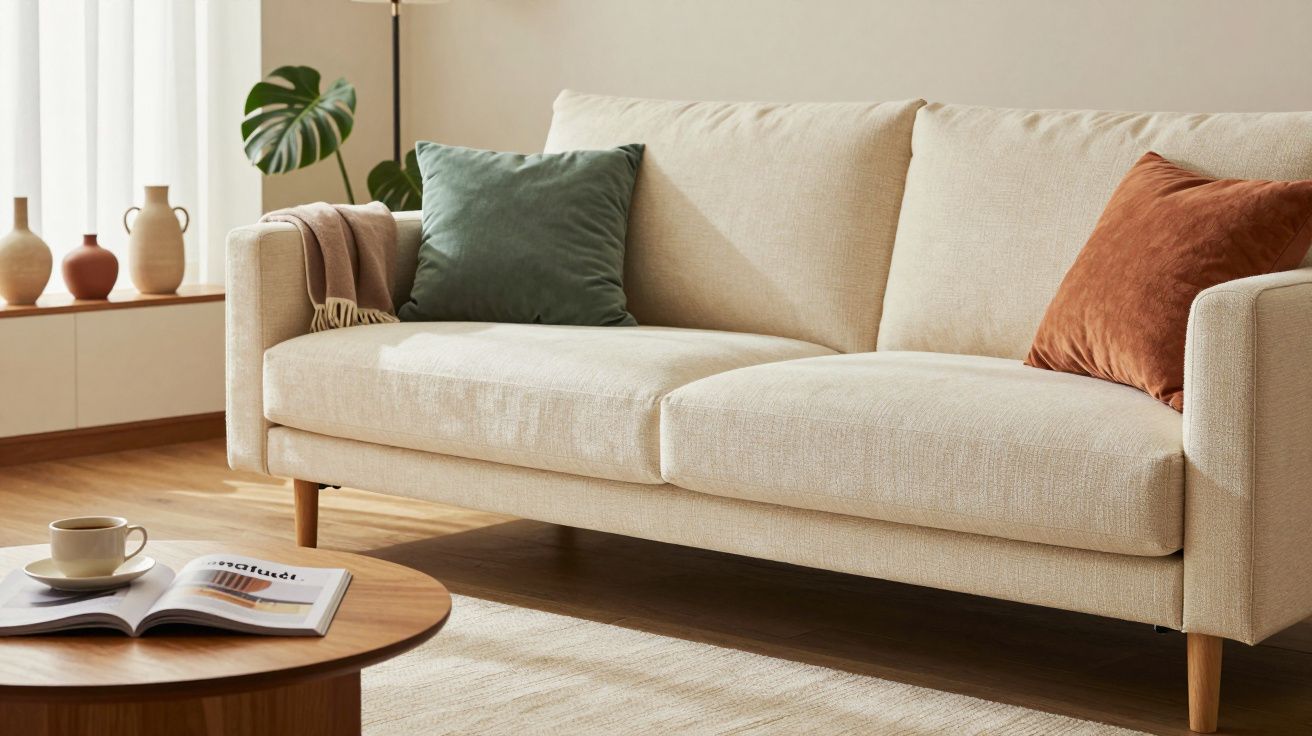 Sofá beige con cojines verdes y naranjas, mesa de centro redonda con taza y revista, jarrones en la repisa.