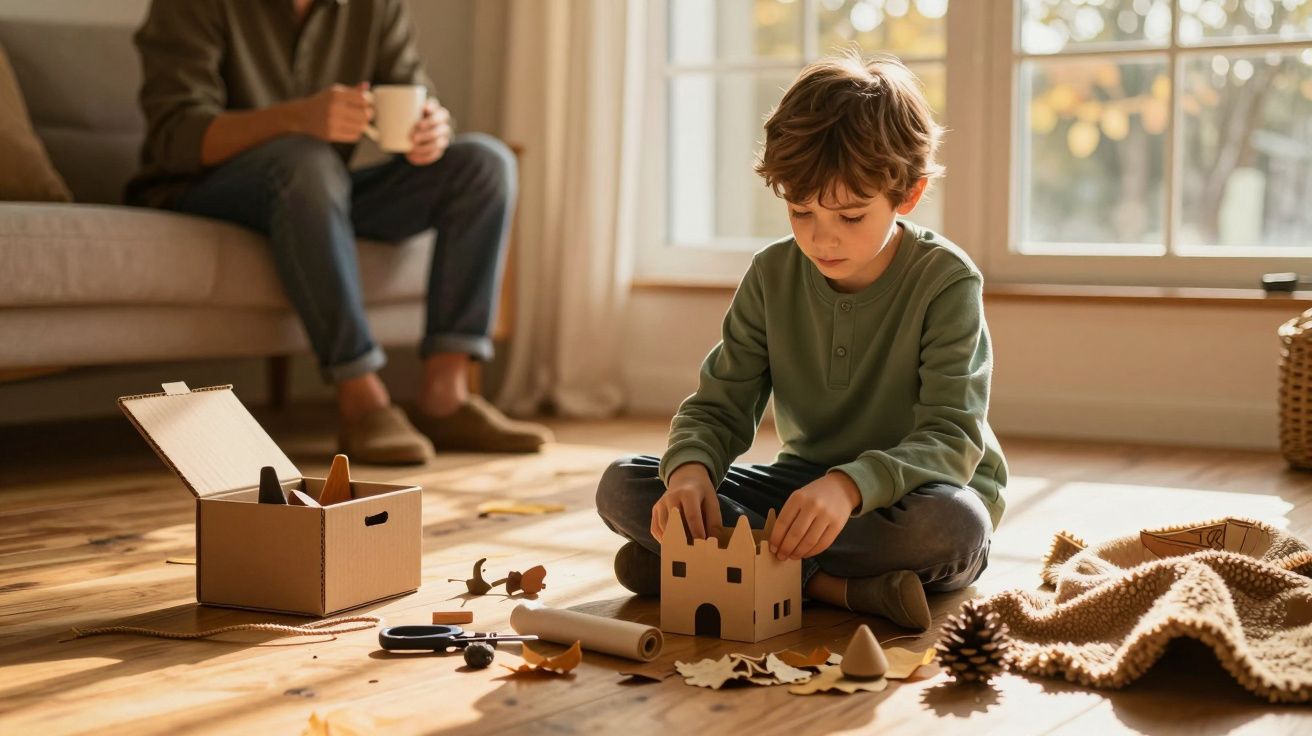 Niño jugando con un castillo de cartón en el suelo de un salón iluminado, mientras un adulto observa desde el sofá.