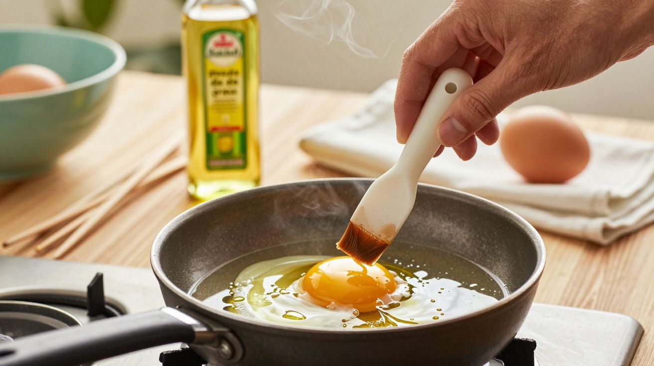 Mano cocinando huevo en sartén con aceite. Botella de aceite y huevo en fondo borroso.