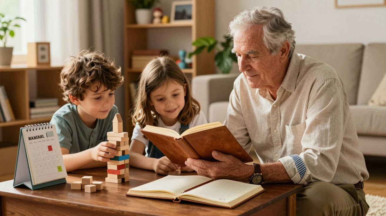 Un abuelo lee un libro a dos niños que juegan con bloques en una sala acogedora.
