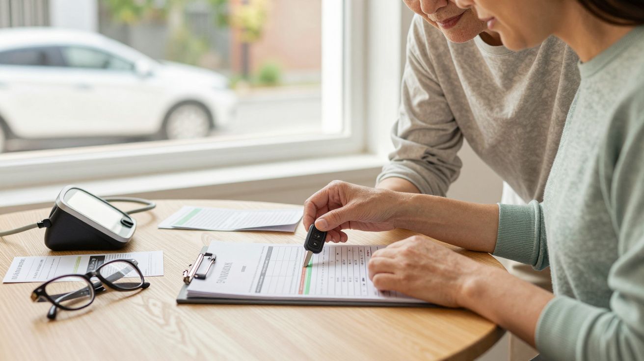 Dos personas revisando documentos en una mesa junto a una ventana.