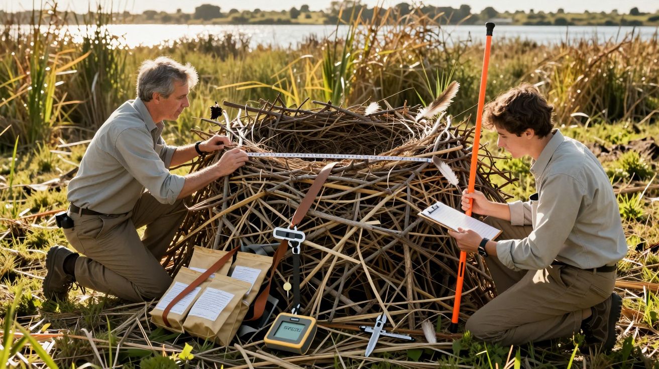 Dos personas investigan un gran nido de aves en un humedal, tomando medidas y notas con herramientas científicas.