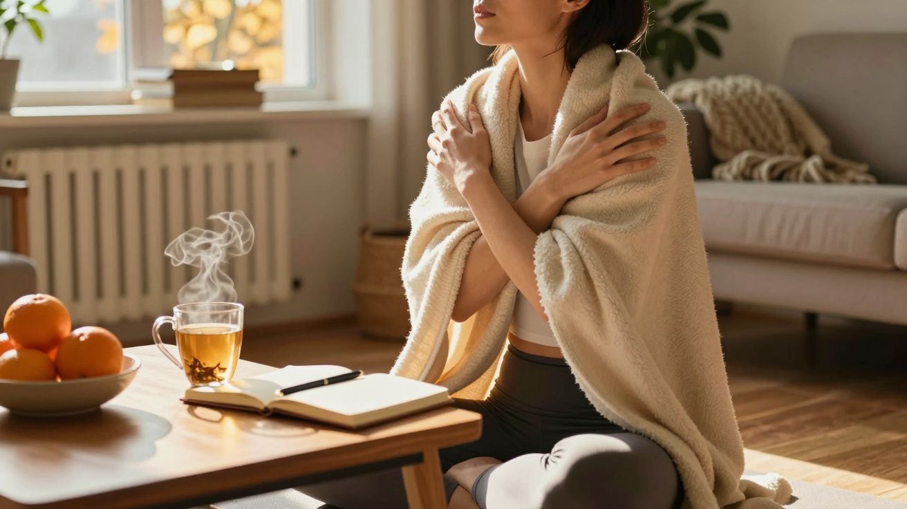 Mujer sentada en el suelo, envuelta en manta, con taza de té humeante y cuaderno sobre la mesa en un salón acogedor.