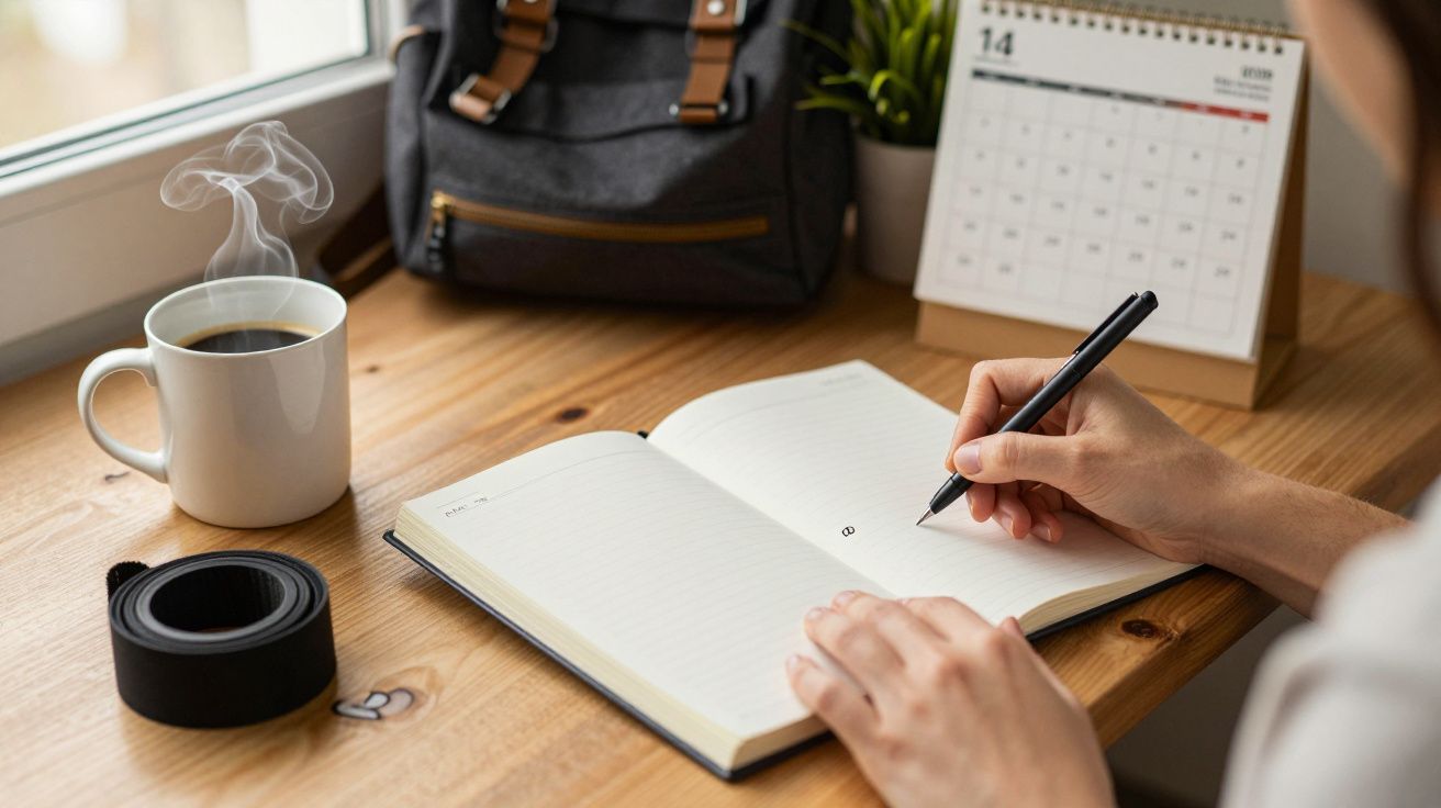 Persona escribiendo en un cuaderno frente a una ventana; taza de café y calendario en el escritorio.