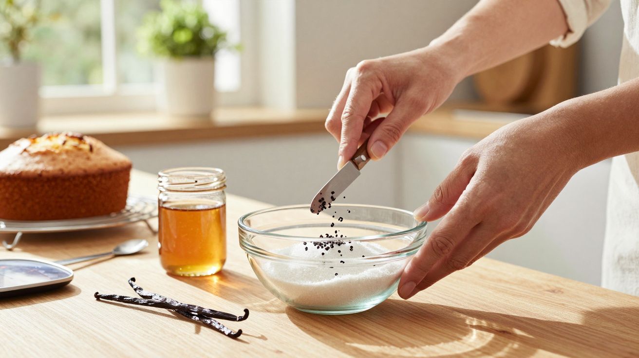 Manos añadiendo semillas de vainilla a un bol con azúcar. Pastel y tarro de miel al fondo en una cocina iluminada.