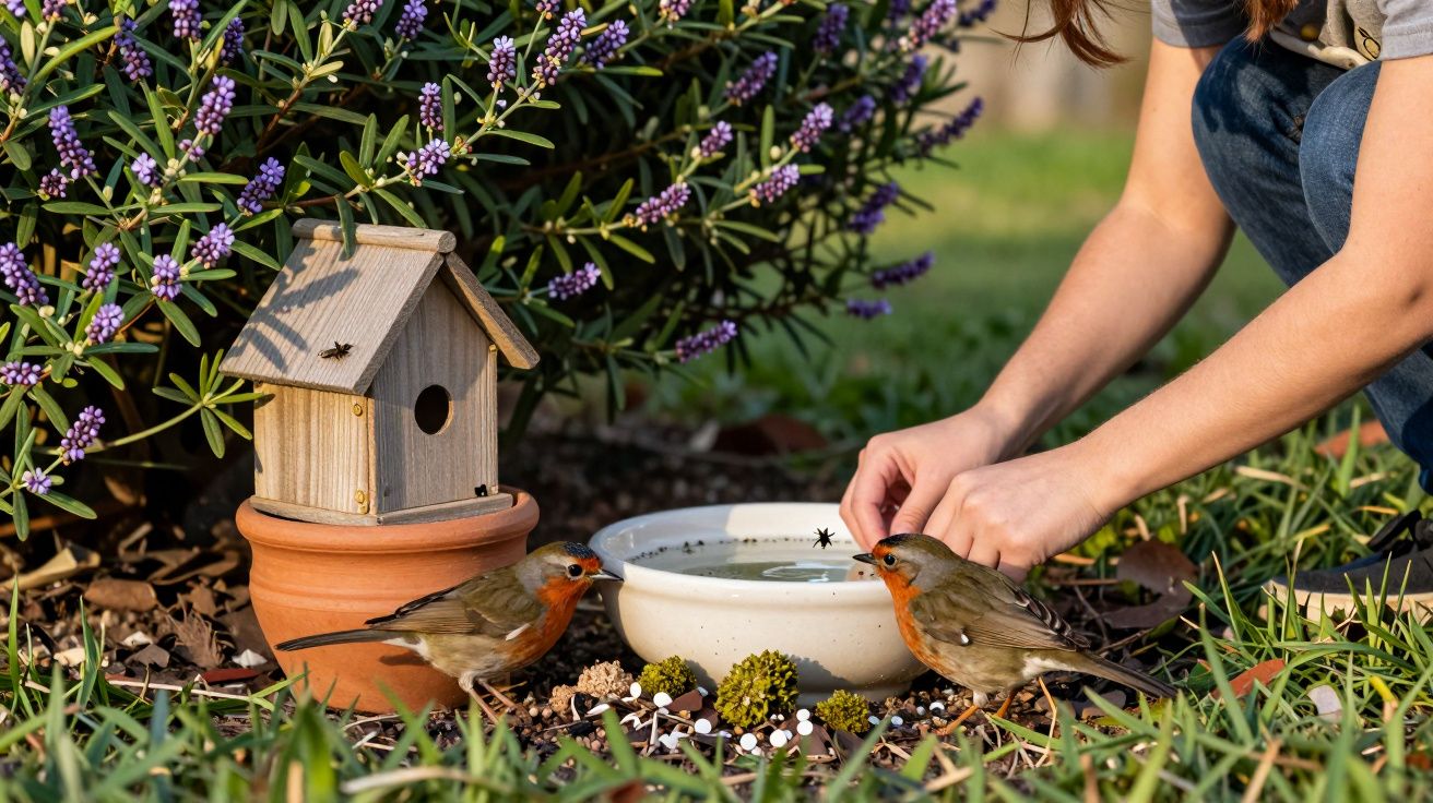 Persona alimentando petirrojos junto a comedero y casita de madera en jardín verde con arbustos florecidos.