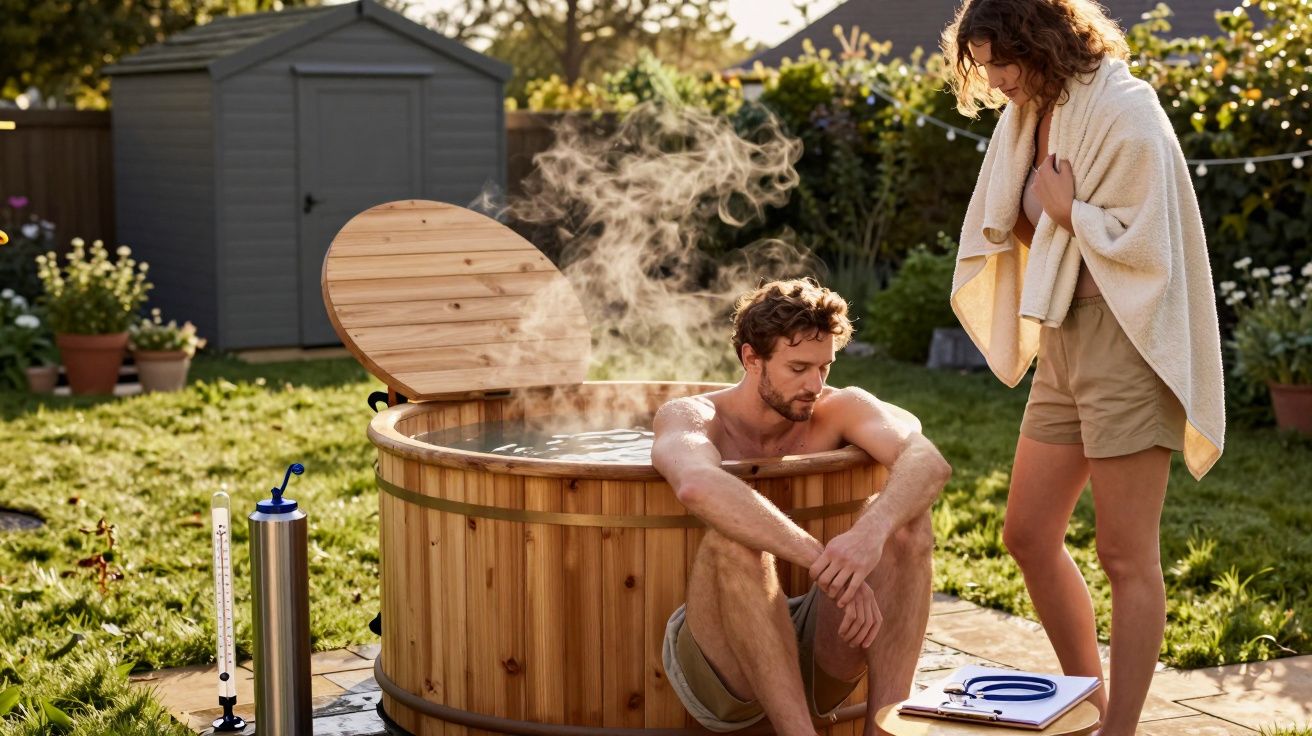Hombre relajándose en una bañera de hidromasaje de madera en un jardín, mientras una mujer lo observa con una toalla.