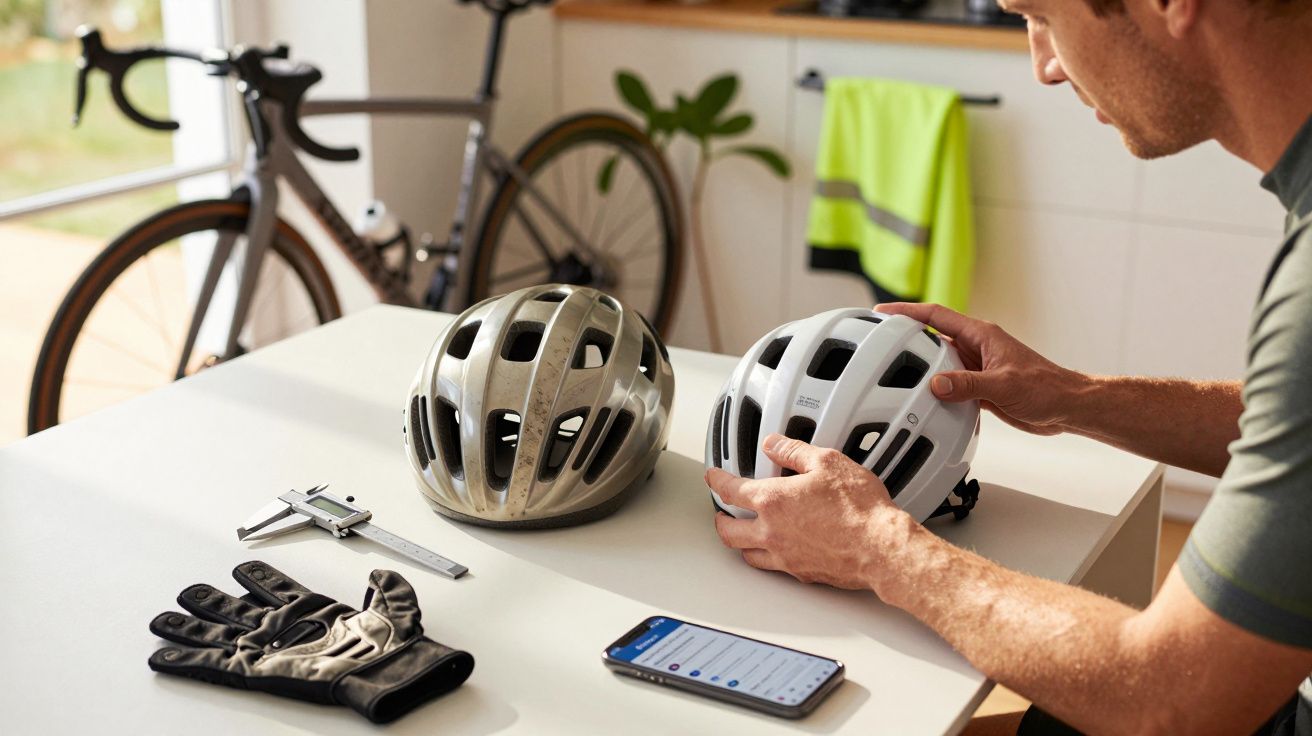 Hombre revisa cascos de bicicleta en mesa, junto a guantes, calibre y móvil; bicicleta de fondo.