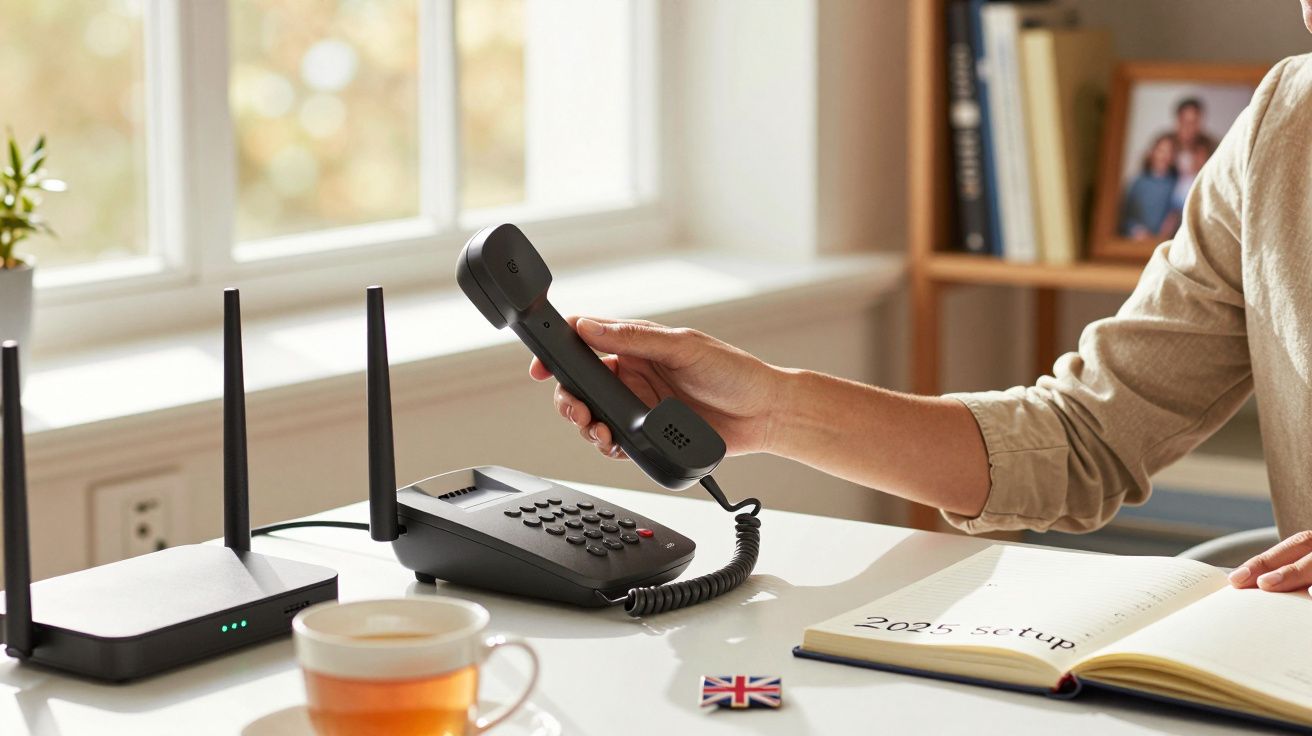 Persona levantando el auricular de un teléfono con cable sobre un escritorio con una agenda abierta y una taza de té.