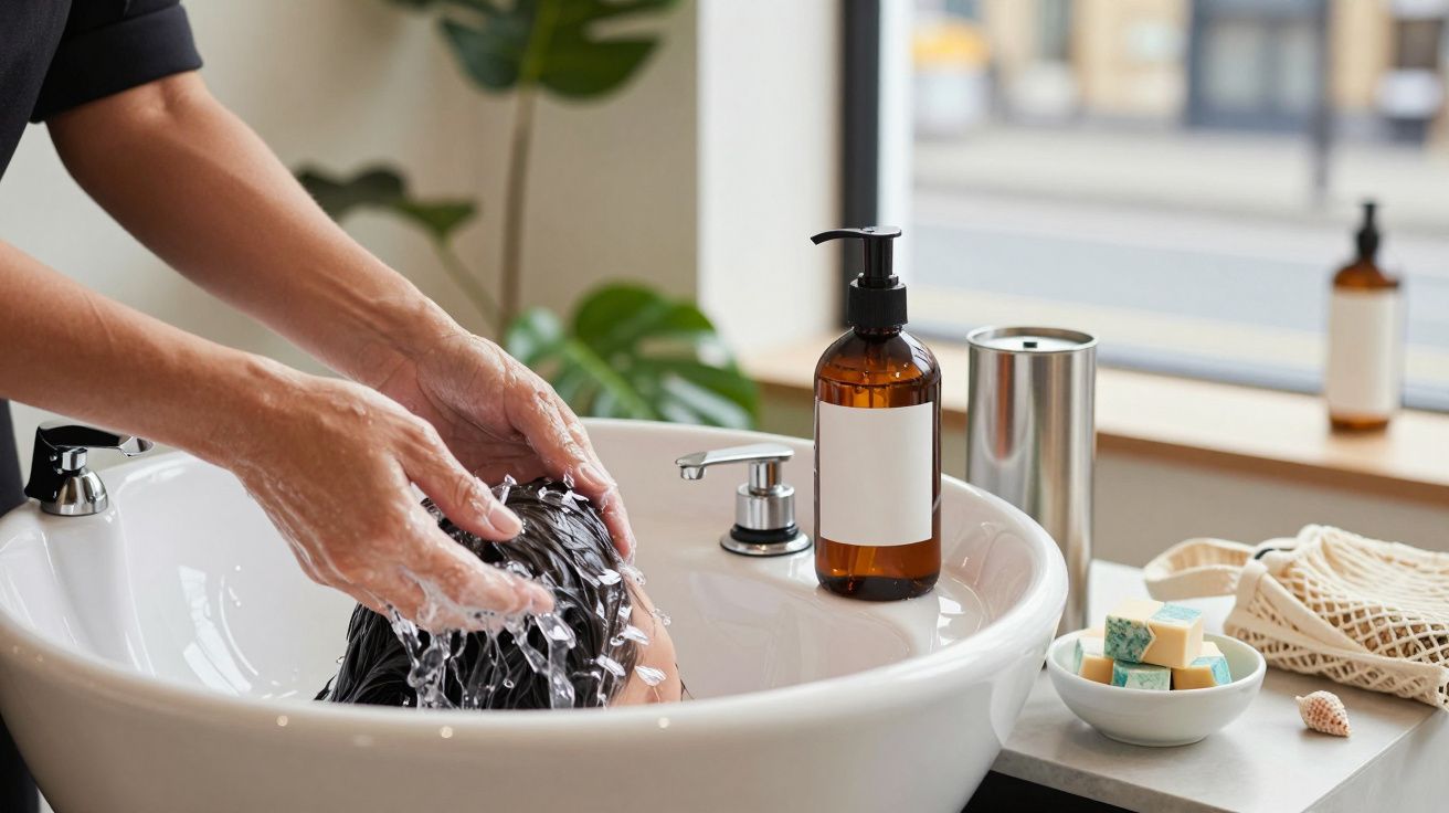 Persona lavando cabello en un lavabo con champú espumoso, botella de jabón y plantas de fondo en un salón de belleza.