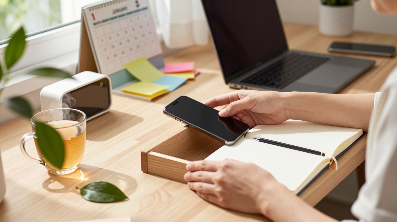 Persona sosteniendo un móvil sobre un cuaderno en escritorio, con portátil, té y calendario cercano.