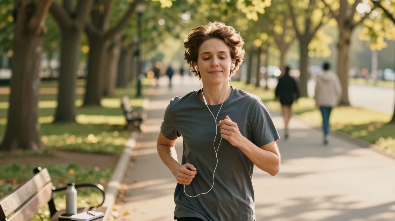 Persona corriendo por un parque soleado, escuchando música con auriculares, rodeado de árboles y senderos.