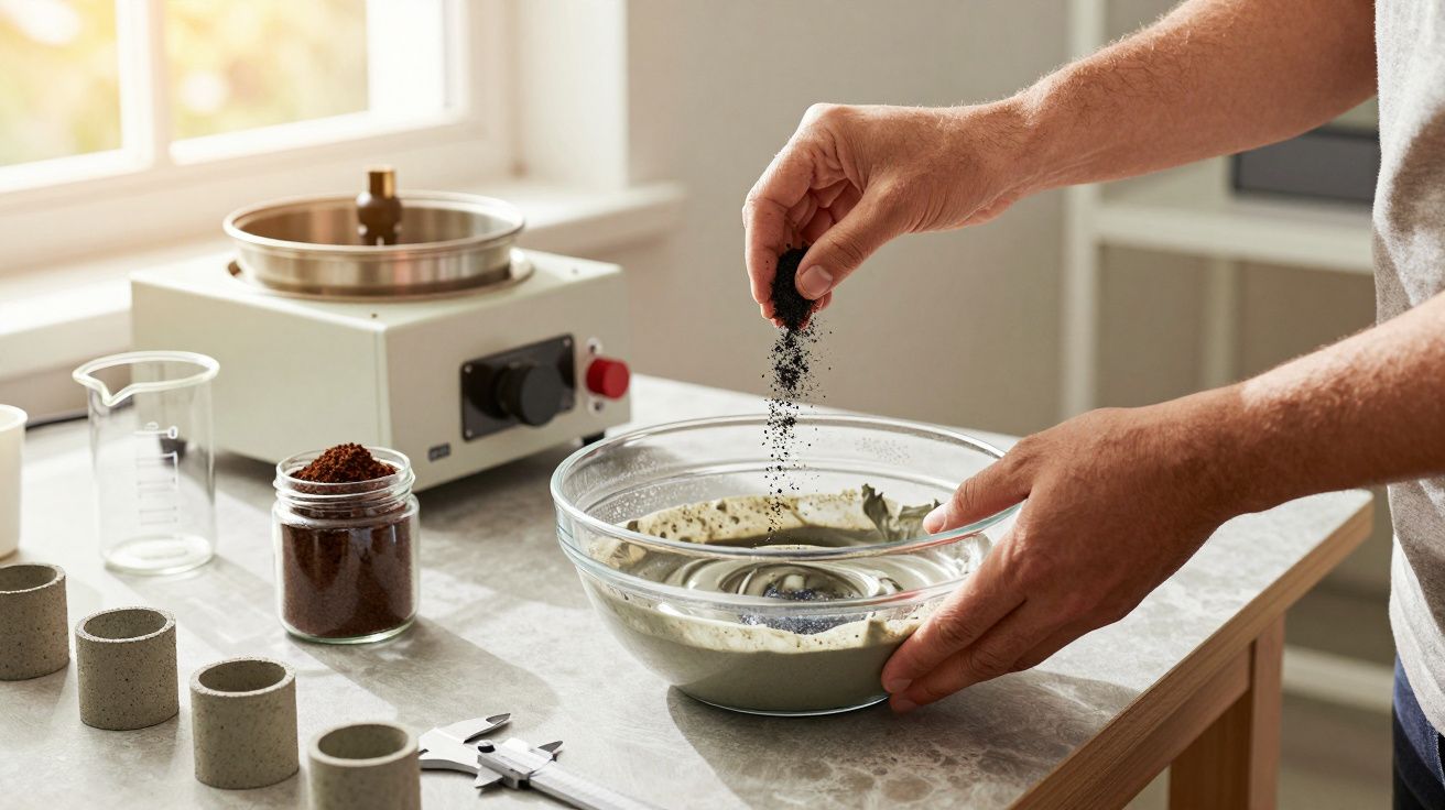 Persona mezclando ingredientes en un bol de cristal, con equipos de laboratorio en una mesa cercana.