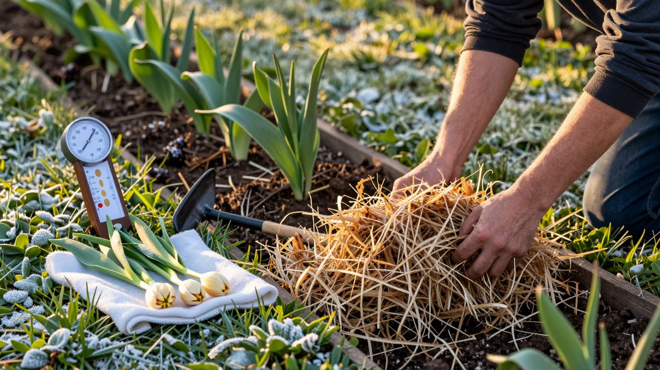 Manos colocando paja en un jardín con plantas, herramientas y un termómetro de suelo sobre una toalla blanca.