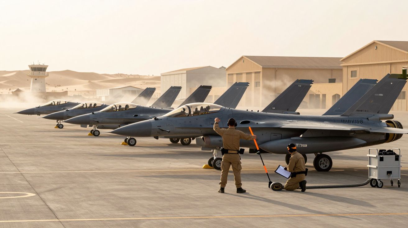 Cinco aviones de combate alineados en una pista, con personal militar realizando ajustes y comprobaciones.