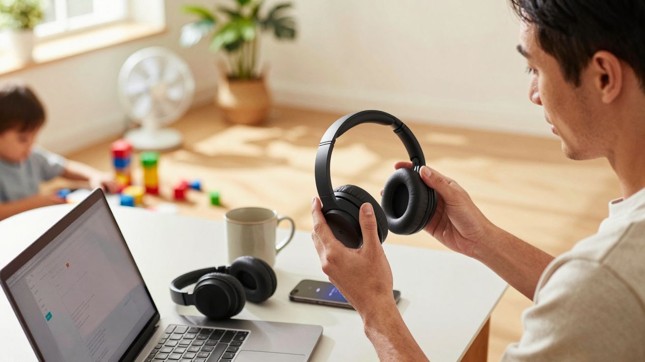 Hombre en escritorio con portátil y auriculares; niño juega en el fondo.
