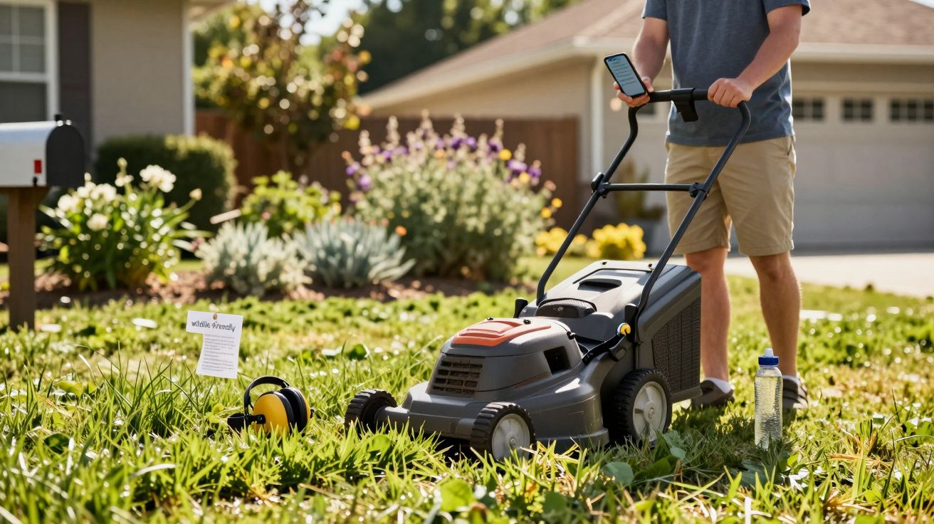 Persona cortando césped con segadora en jardín soleado, auriculares y botella de agua al lado.