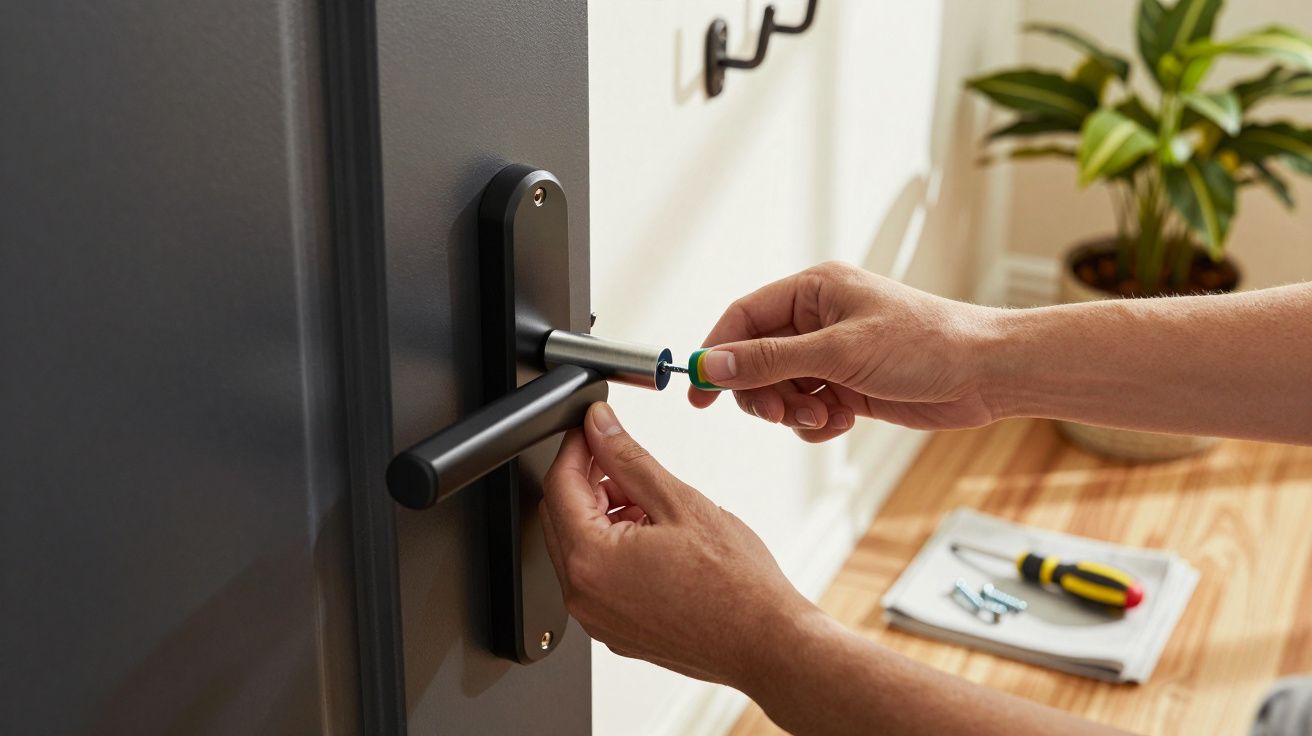 Manos instalando una manilla negra en una puerta; herramientas sobre un paño y una planta al fondo.