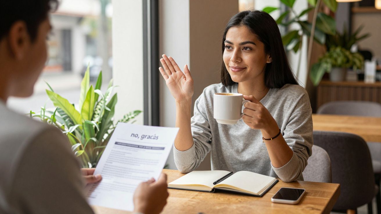 Mujer sonriente en una cafetería con taza de café, cuaderno y móvil, mirando a alguien que sostiene un papel.
