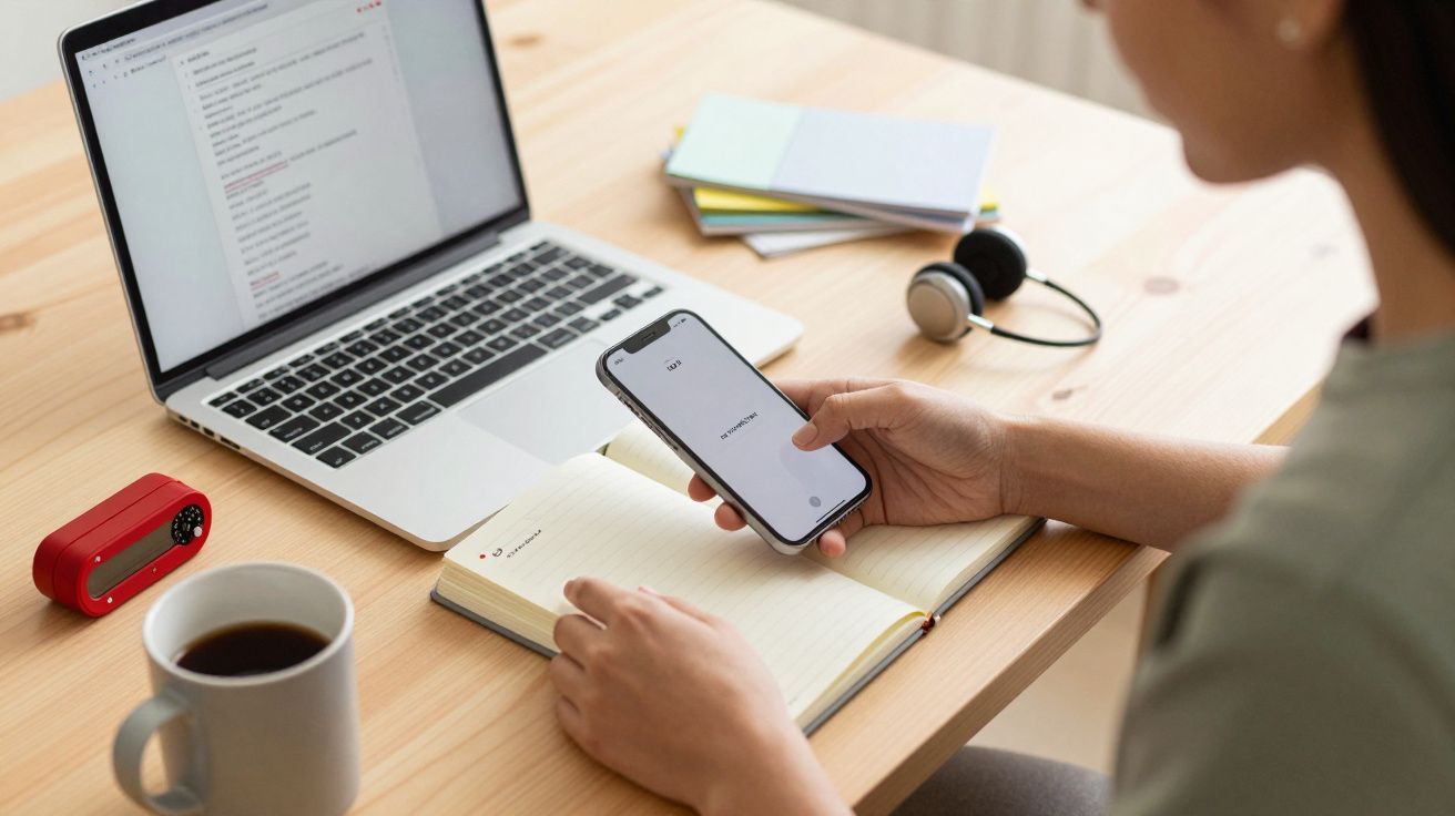 Persona trabajando en un escritorio con portátil, cuaderno, móvil, auriculares y taza de café.