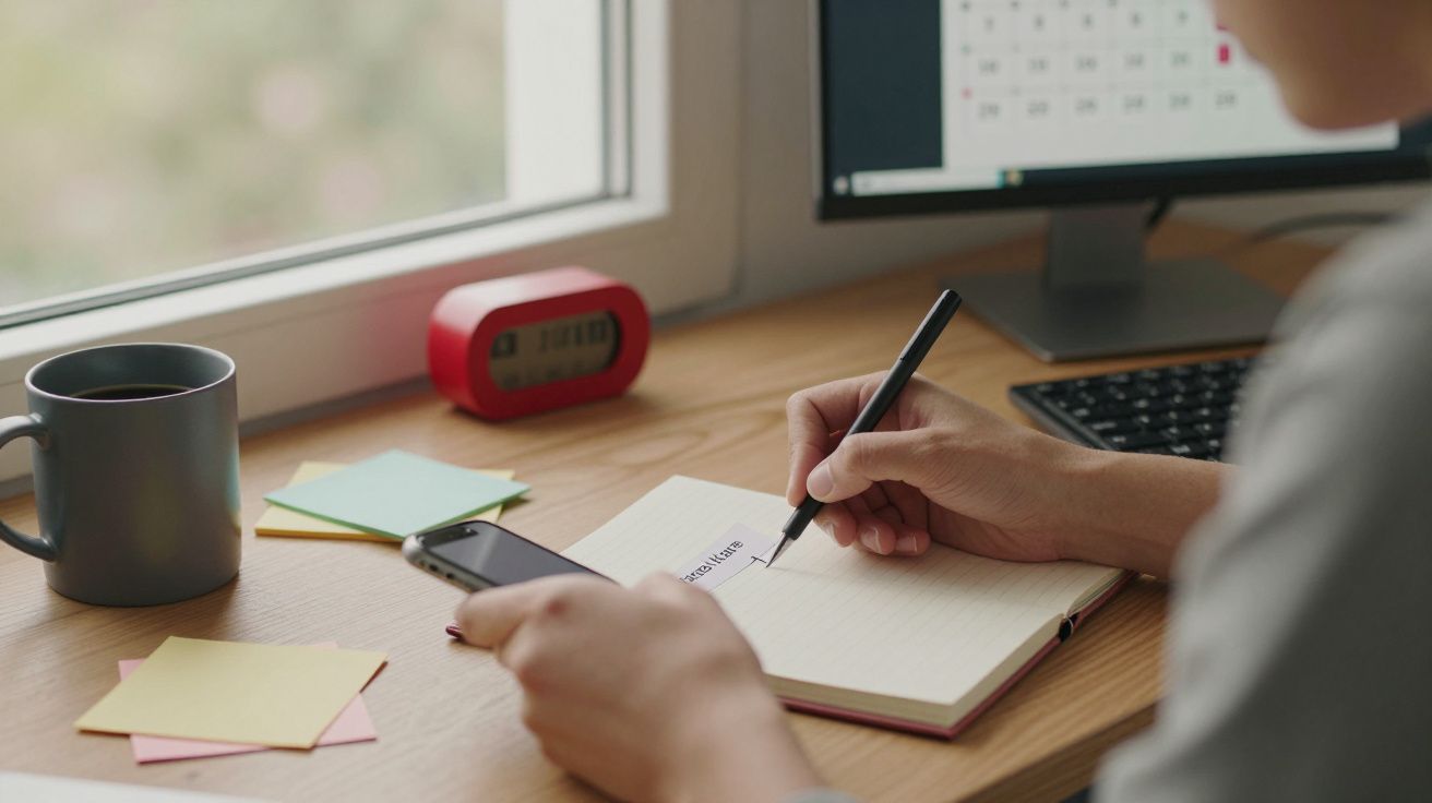 Persona escribiendo en un cuaderno mientras sostiene un teléfono móvil, junto a una ventana. Hay una taza y notas adhesivas.