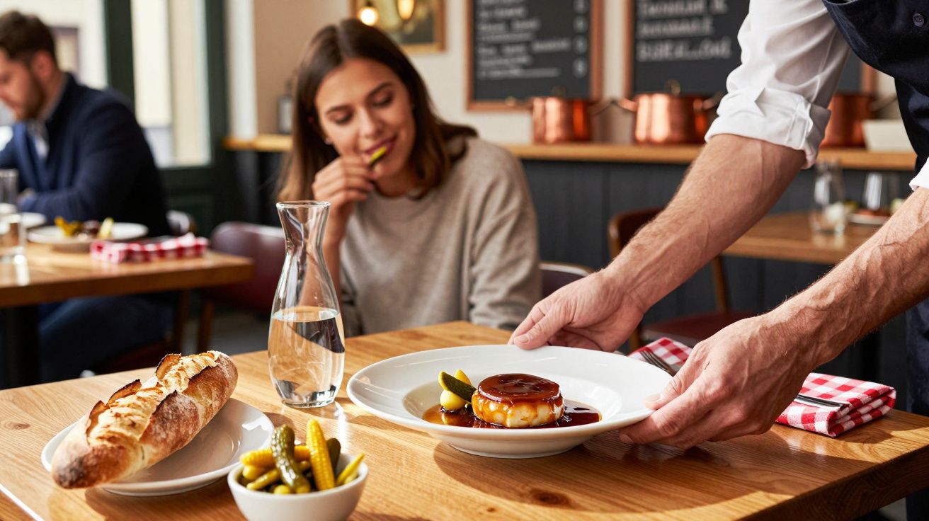 Camarero sirve comida a una mujer en un restaurante, con pan y pepinillos en la mesa.