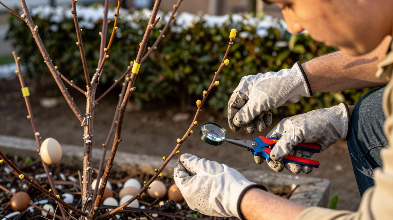 Persona con guantes de jardinería examina ramas de un árbol joven con lupa y tijeras de podar, en un jardín con cáscaras de h