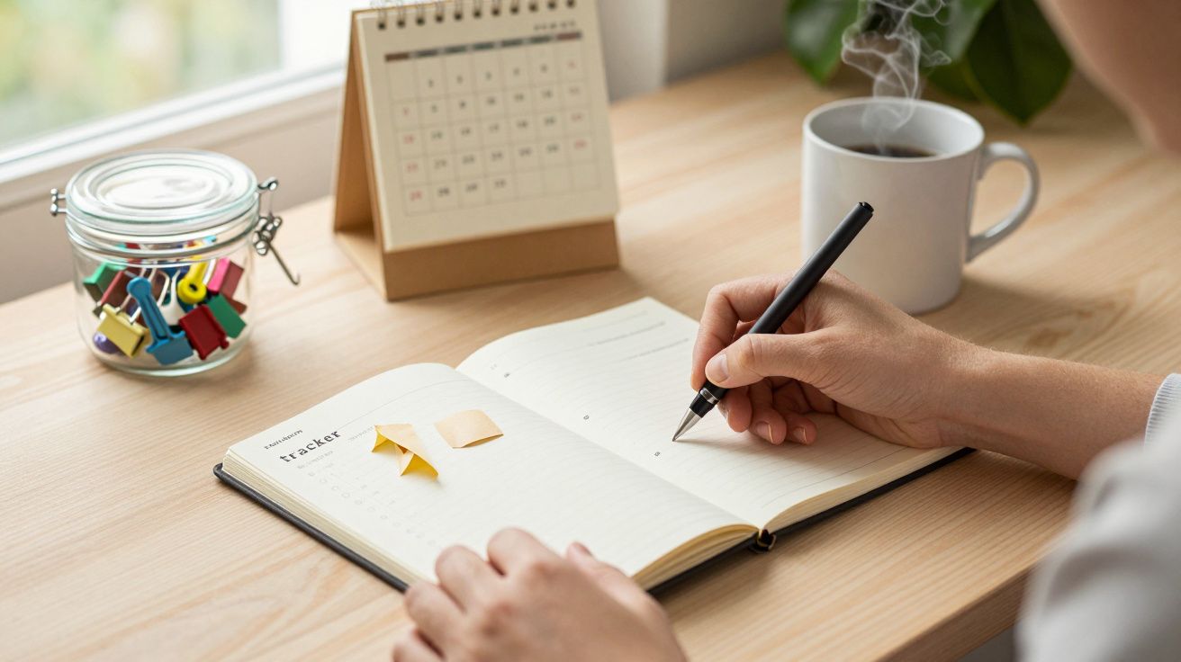 Persona escribiendo en un cuaderno en un escritorio, con café, calendario y tarro de clips de colores.