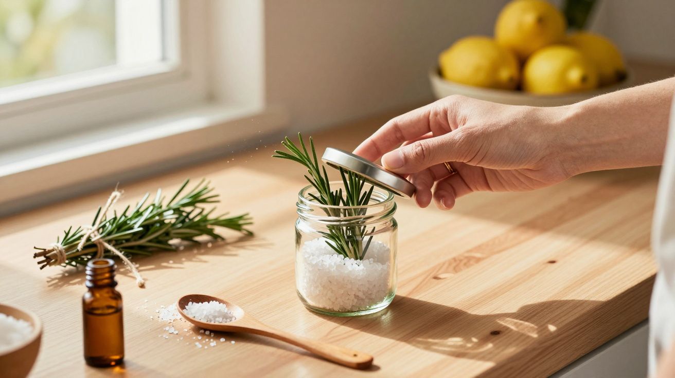 Mano cerrando un tarro de cristal con sal y romero, sobre una mesa de madera junto a una ventana, limones al fondo.