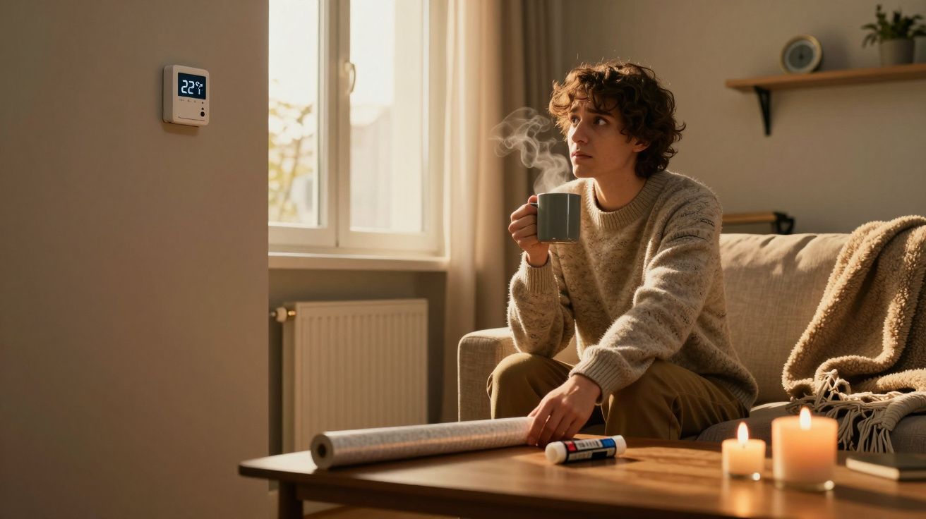 Persona sentada en un sofá con una taza, rodeada de velas encendidas, junto a una ventana y un termostato que marca 22°C.