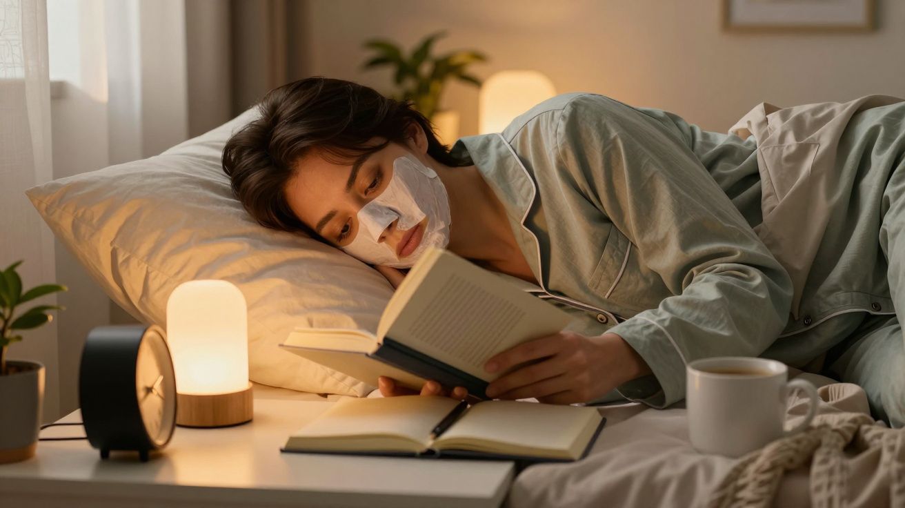Persona en pijama leyendo en la cama con mascarilla facial, lámpara encendida y planta de fondo.