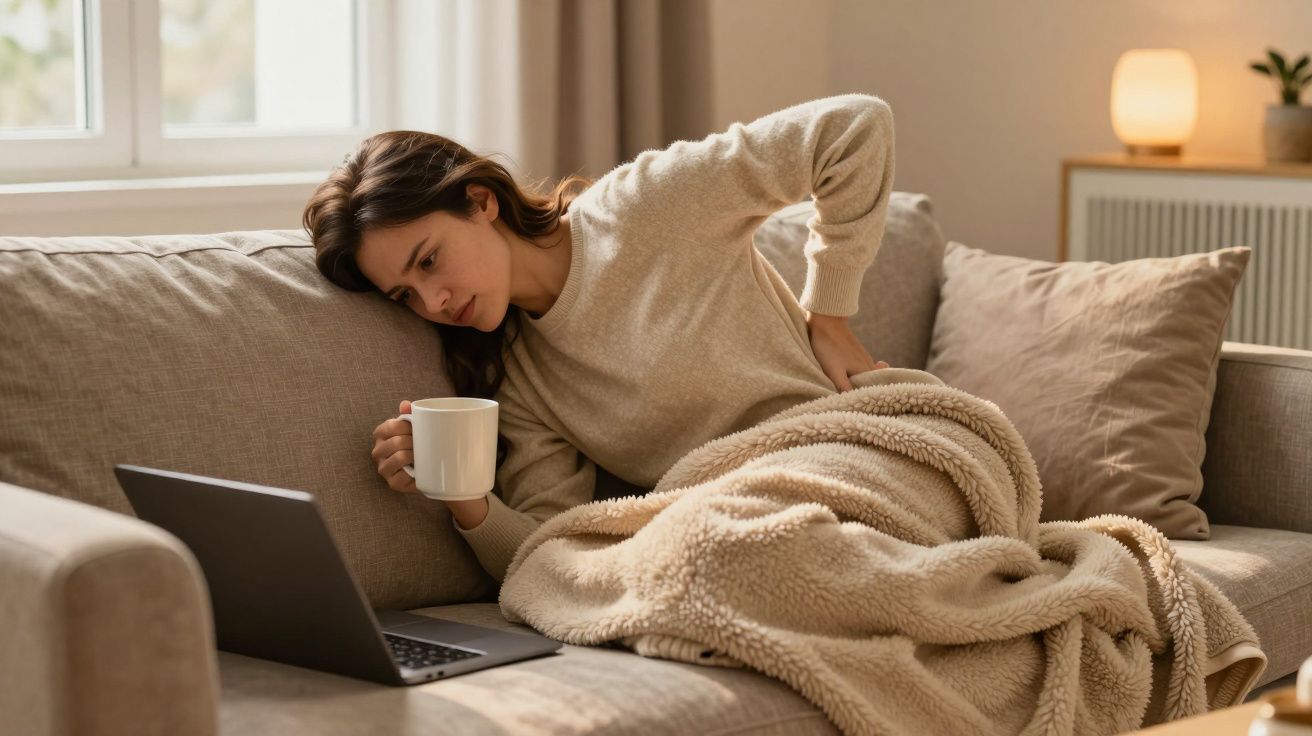 Mujer en el sofá con dolor de espalda, sosteniendo una taza, mirando un portátil, envuelta en una manta beige.