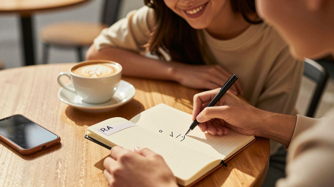 Personas escribiendo en un cuaderno en una cafetería, con café y un móvil sobre la mesa.