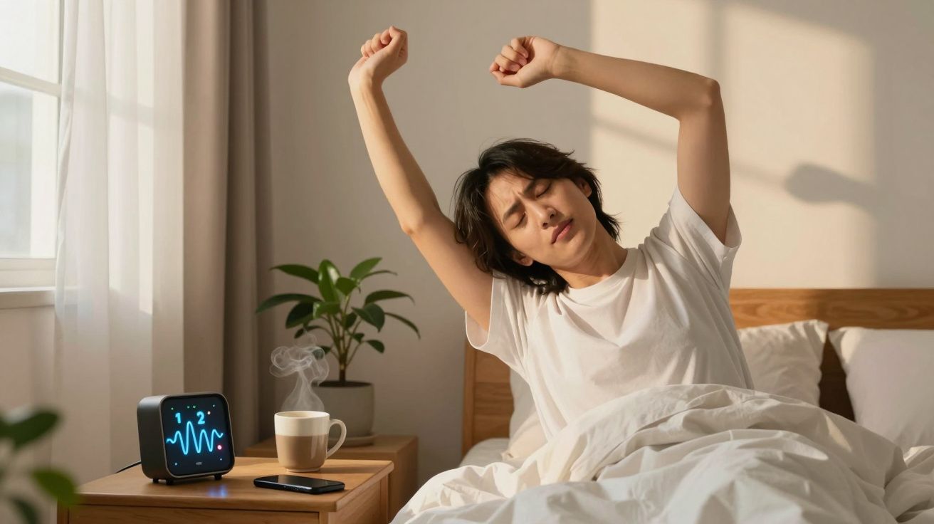 Persona estirándose en la cama junto a una mesilla con reloj, taza, y planta, en una habitación iluminada por la mañana.