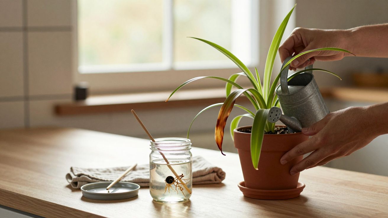 Manos regando una planta en maceta sobre una mesa de madera, junto a un tarro con agua y una toalla beige.