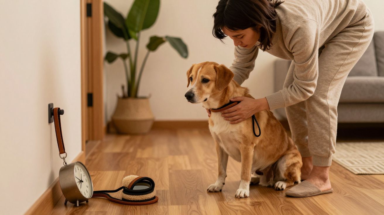 Mujer en pijama ajusta el collar a un perro sentado en el suelo de madera junto a un reloj y correa colgados en la pared.